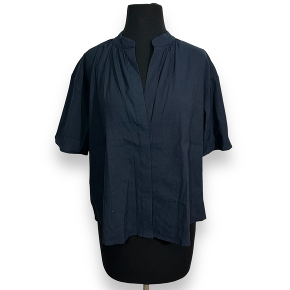 Vince Linen Blend Oversized Navy‎ Blue Short Sleeve Blouse Womens XS - Picture 1 of 8